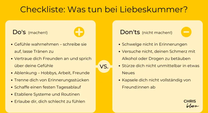 Checkliste: Was tun bei Liebeskummer? Zeigt "Do's" und "Don'ts" für den Umgang mit Herzschmerz.