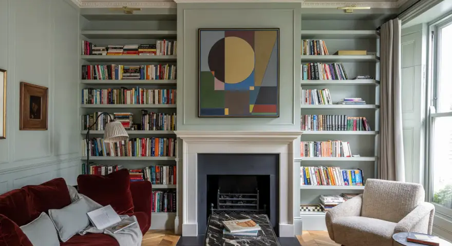 Un canapé au milieu du salon, entouré de bibliothèques remplies de livres, d'une cheminée et d'un fauteuil confortable.