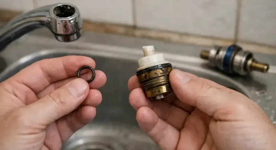 Mains pour remplacer joint robinet ancien. Une bague d'étanchéité noire est tenue dans une main, à côté d'une cartouche de robinet démontée.