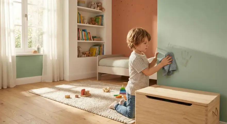 Niño limpiando huellas de manos en una pared con pintura pizarra. Juguetes y cama infantil en la habitación.