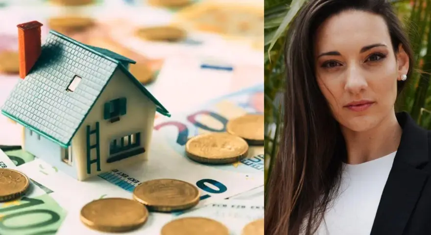 Mini casa sobre billetes y monedas, junto a una mujer. Consejos para alquilar un piso de forma inteligente.