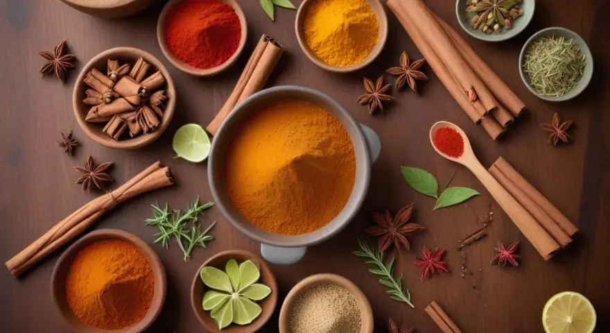 Kryddor som kanel, gurkmeja och stjärnanis ligger utspridda. Frågan "hur mycket kanel per dag" dyker upp när man ser dessa ingredienser.