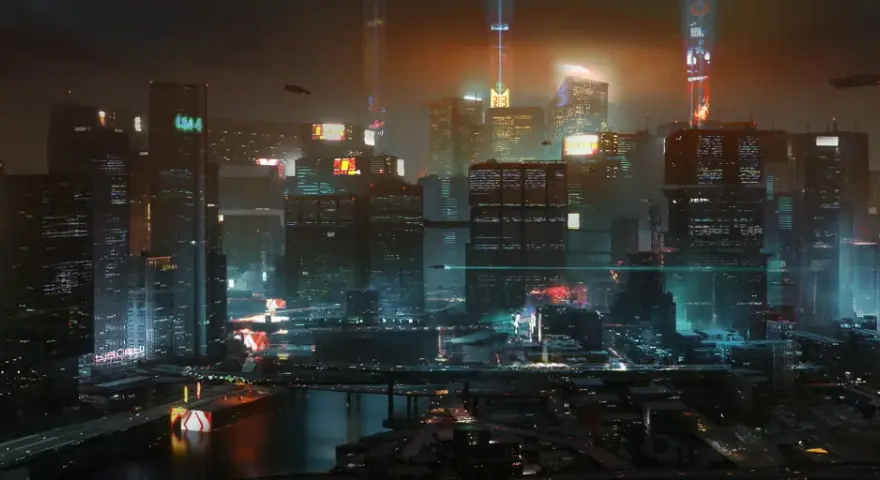 Noche futurista en Night City, con rascacielos iluminados y vehículos voladores. ¿Cuánto dura Cyberpunk 2077? La aventura te espera.