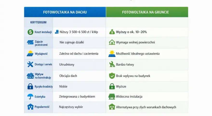 Porównanie fotowoltaiki na dachu i na gruncie. Ubezpieczenie fotowoltaiki na gruncie może być wyższe, ale oferuje idealne ustawienie paneli.