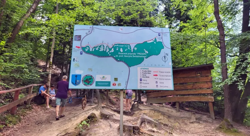 Mapa szlaku w rezerwacie przyrody "Prządki" im. prof. Henryka Świdzińskiego. Turyści z psem zwiedzają malowniczą okolicę.