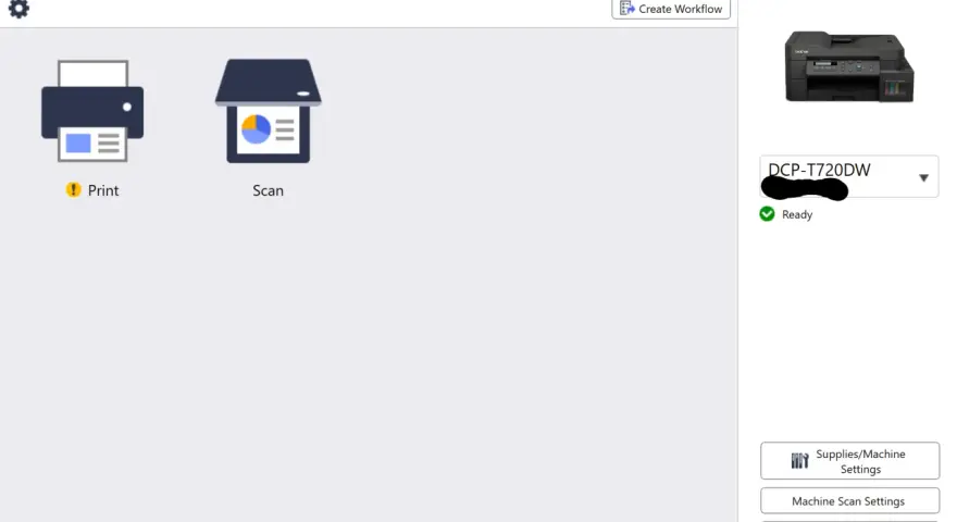 Ekran główny aplikacji Brother iPrint&Scan. Widzimy ikony drukowania i skanowania, przycisk "Create Workflow" oraz panel z informacją o drukarce DCP-T720DW. To dobry punkt wyjścia, by dowiedzieć się, jak zainstalować drukarkę Brother.