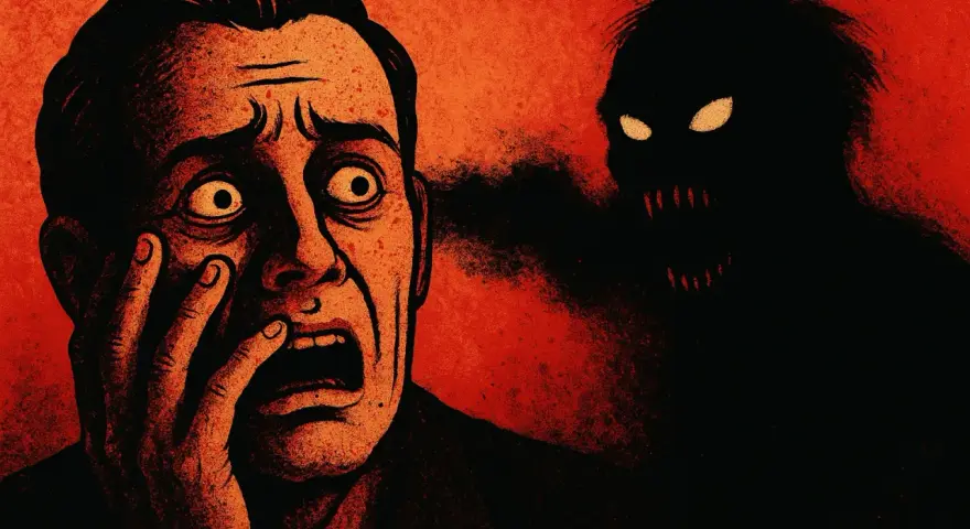 Un uomo terrorizzato con la mano sul volto, mentre un'ombra oscura con occhi luminosi e denti aguzzi emerge da un fumo nero. Un'immagine perfetta per i film horror corti.