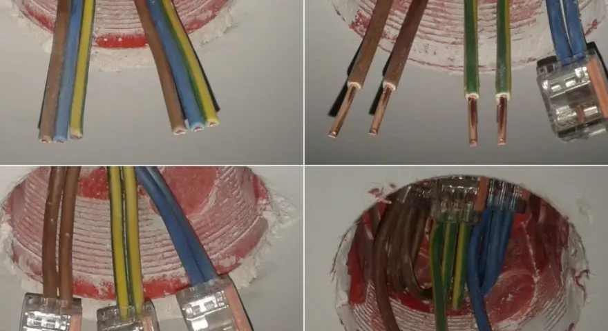 Cztery zbliżenia na instalację elektryczną: przewody w puszce, połączone złączkami.