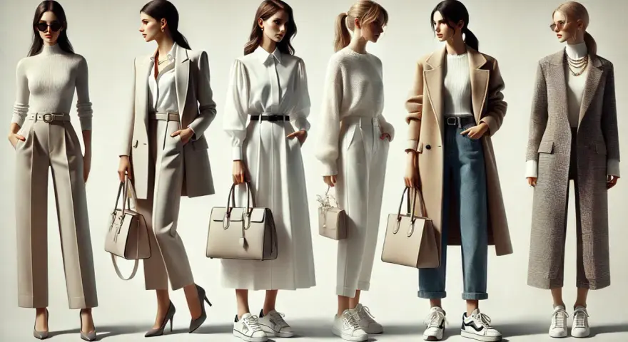 Sześć kobiet prezentuje stylizacje smart casual: eleganckie spodnie, płaszcze i stylowe torebki.