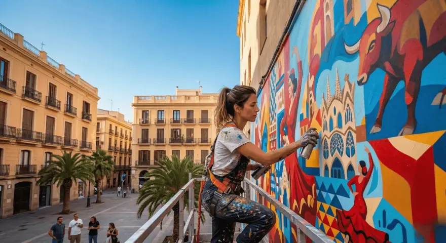 Artista crea mural vibrante con toros y bailarinas, un ejemplo de hiperrealismo pintura en plena calle.