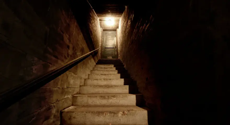 Escaleras de hormigón que bajan hacia una puerta en un sótano oscuro con una luz tenue.