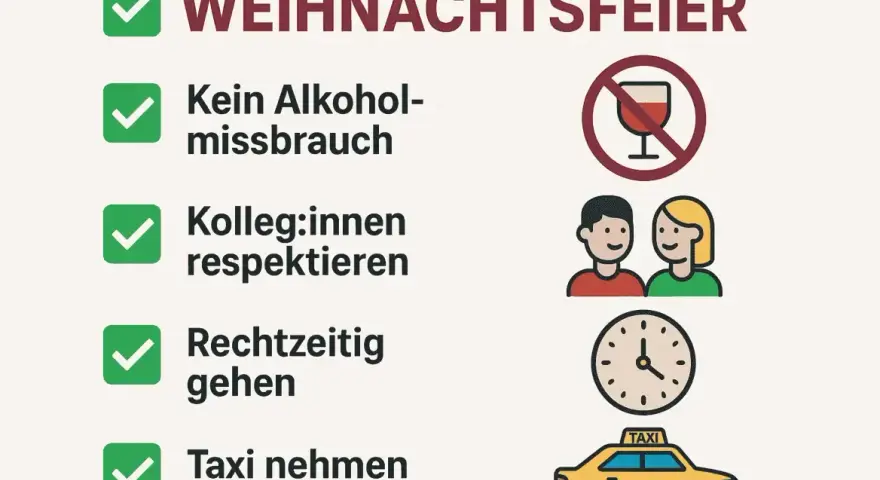 Checkliste für eine Weihnachtsfeier: Kein Alkoholmissbrauch, Respekt, pünktlich gehen, Taxi nehmen. Beachten Sie das Jugendschutzgesetz bei Alkohol auf privaten Feiern.