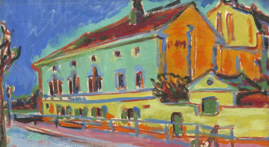 Une maison aux couleurs vives, typique de l'expressionnisme allemand, avec un ciel bleu intense et des touches de rouge, jaune et vert.