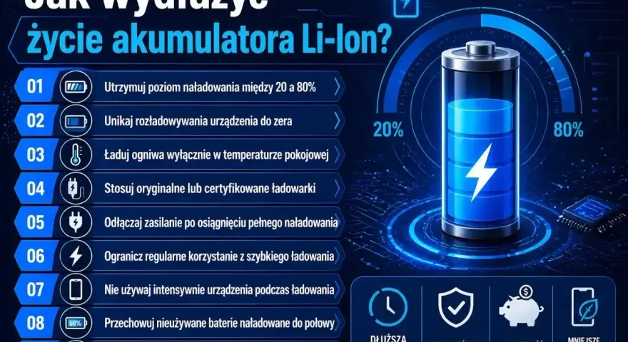 Wskazówki dotyczące ładowania akumulatora Li-Ion: utrzymuj poziom 20-80%, unikaj rozładowania do zera, używaj oryginalnych ładowarek.