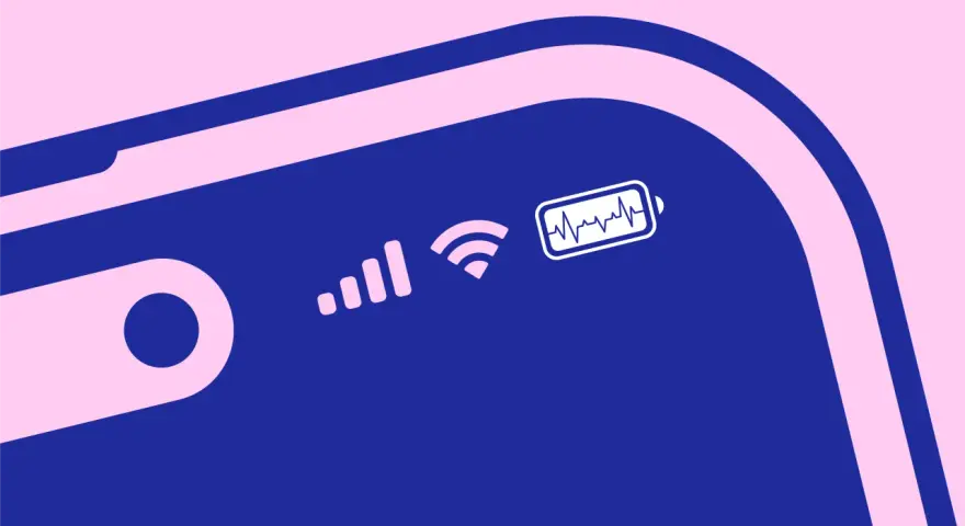 En stiliserad bild av en iPhone 12 med batteriikon som visar en pulserande linje, vilket indikerar låg iphone 12 batteri kapacitet.
