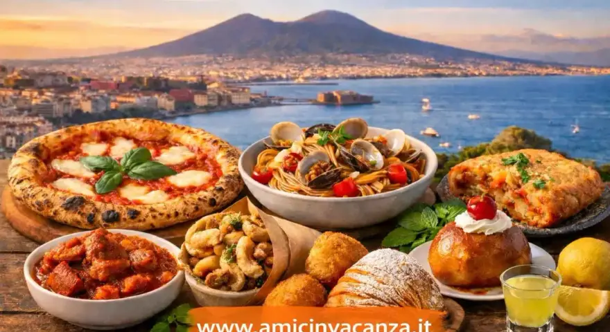 Un banchetto di piatti tipici napoletani: pizza, spaghetti alle vongole, ragù, fritture e dolci, con il Vesuvio sullo sfondo.