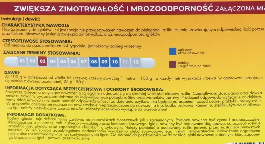 Nawóz jesienny do iglaków i tui. Zwiększa zimotrwałość i mrozoodporność. Idealny nawóz pod tuje na wiosnę, by zapewnić im zdrowie.