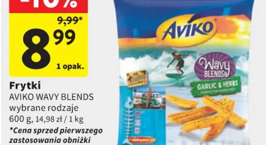 Opakowanie frytek Aviko Wavy Blends z surferskim motywem i informacją o promocji -10%.