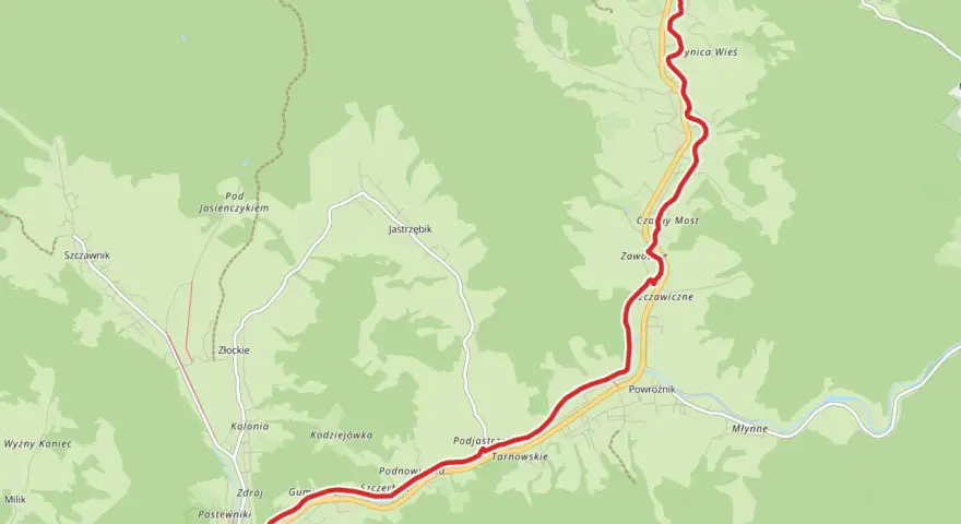 Mapa z zaznaczoną trasą rowerową velo krynica, prowadzącą przez Muszynę, Złockie i okolice Popradzkiego Parku Krajobrazowego.