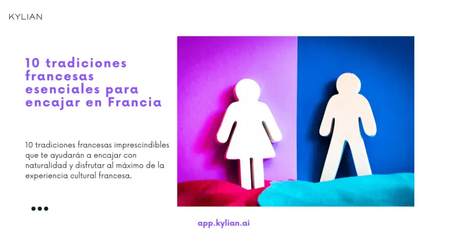 Figuras humanas blancas sobre fondos de colores vibrantes, representando 10 tradiciones francesas para integrarse.