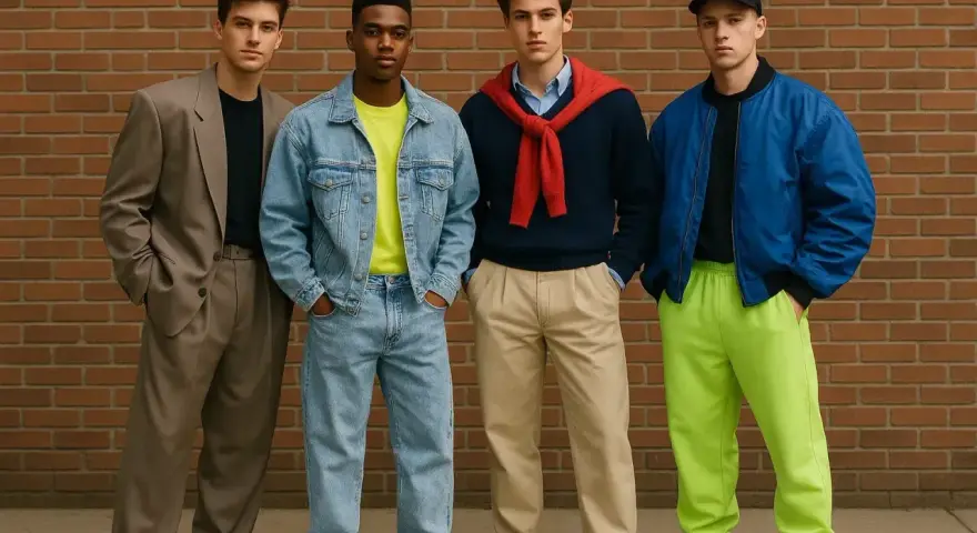 Czterech młodych mężczyzn prezentuje stylizacje w duchu moda męska lata 80.: garnitur, jeans, sweter z krawatem i bomberka z neonowymi spodniami.