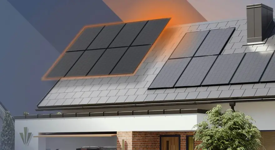 Rozbudowa instalacji fotowoltaicznej z dwoma falownikami na dachu domu. Panele słoneczne generują energię.