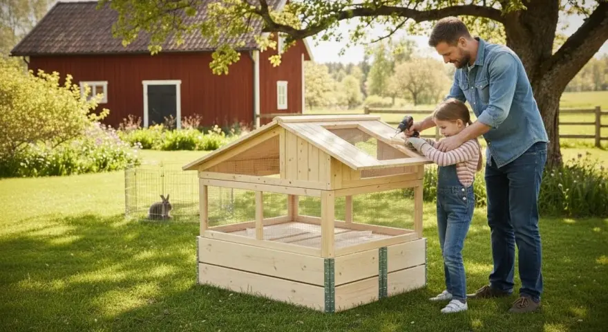 Pappa och dotter bygger en kaninbur utomhus. En kanin sitter i en annan bur i bakgrunden.