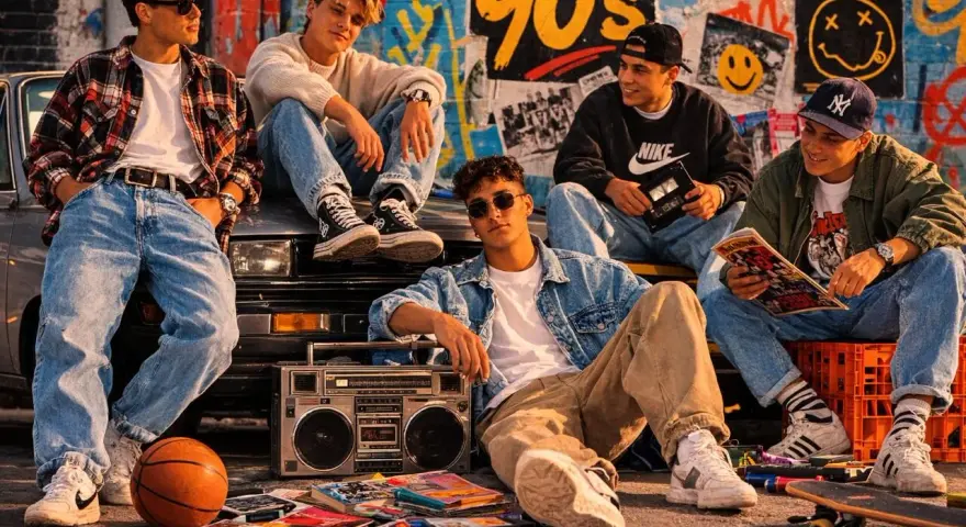 Pięciu kumpli w luźnych ciuchach, z boomboxem i kasetami VHS, tworzy klimat imprezy w stylu lat 90.