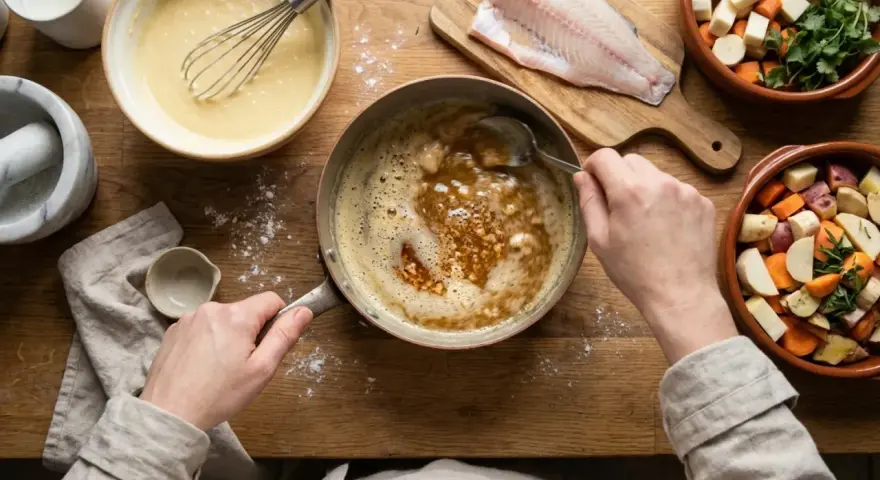 Une noisette de beurre fond dans une casserole, prête à sublimer le poisson et les légumes d'une préparation culinaire.
