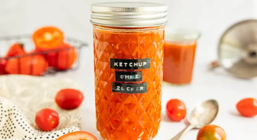 Glas mit selbstgemachtem Ketchup ohne Zucker, umgeben von frischen Tomaten. Ein Löffel liegt daneben.