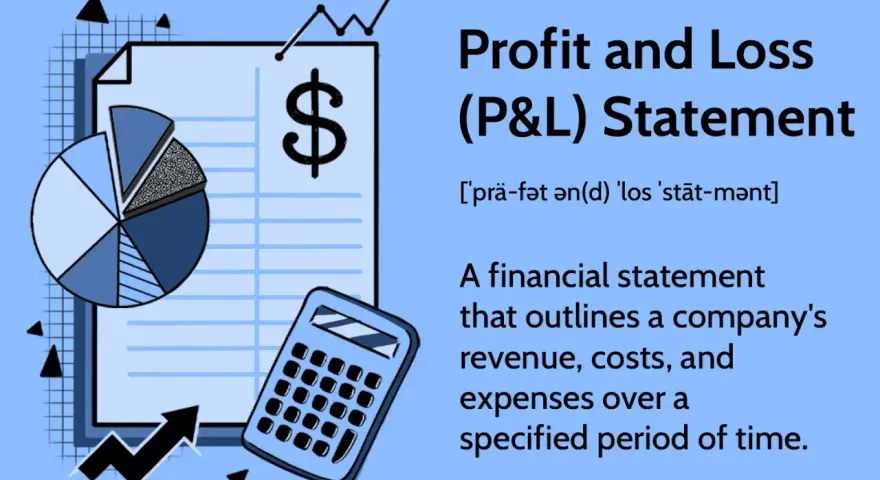A Profit and Loss (P&L) statement, showing a pie chart, calculator, and dollar sign, explains the p&l meaning by detailing a company's revenue, costs, and expenses.