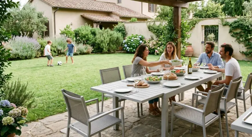Famiglia che pranza all'aperto, con bambini che giocano a calcio. Perfette idee zona relax giardino per godersi la vita.