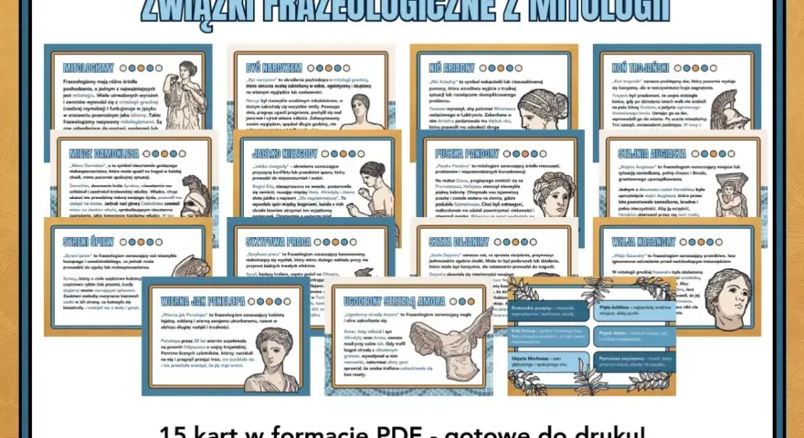 Zestaw 15 kart PDF: "Związki frazeologiczne z mitologii". Poznaj co to frazeologizm i jego pochodzenie.