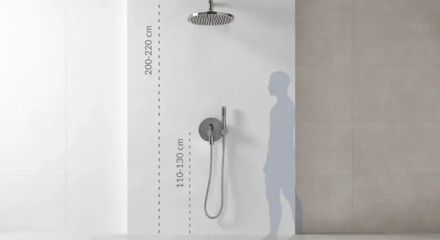 Wysokość baterii prysznicowej: deszczownica 200-220 cm, panel sterujący 110-130 cm. Sylwetka pokazuje idealne dopasowanie.