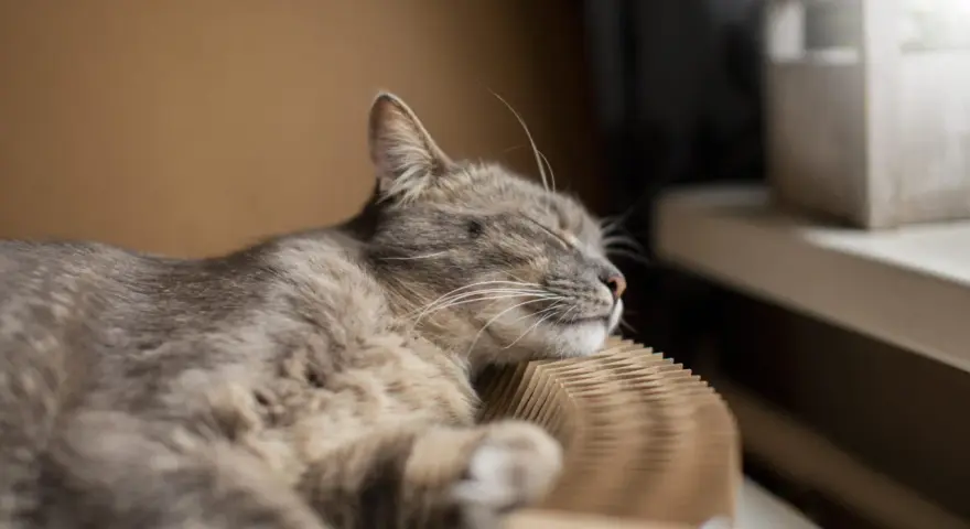 Eine Katze schläft friedlich auf einem Kratzbrett. Die Frage, ob der Vermieter Katzen verbieten darf, beschäftigt viele Tierfreunde.