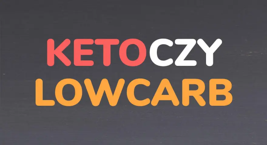 Napis KETO CZY LOW CARB w kolorach czerwonym, białym i pomarańczowym na ciemnym tle.