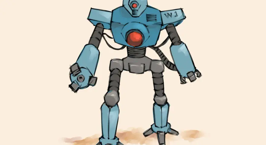 Niebieski robot z czerwonym okiem i brzuchem, z oznaczeniem "W1" na ramieniu. Dowiedz się, jak narysować robota krok po kroku.
