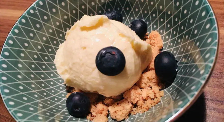 Cremiges Eis mit Blaubeeren und Streuseln in einer grünen Schale. Sojalecithin Verwendung macht das Eis besonders zart.