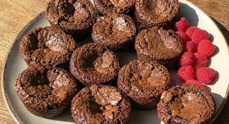 En tallrik med kladdiga chokladmuffins och färska hallon. Perfekt för fikat!