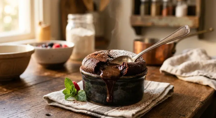 Un fondant au chocolat fumant, cœur coulant, prêt à être dégusté. Une cuillère y plonge, révélant sa richesse.