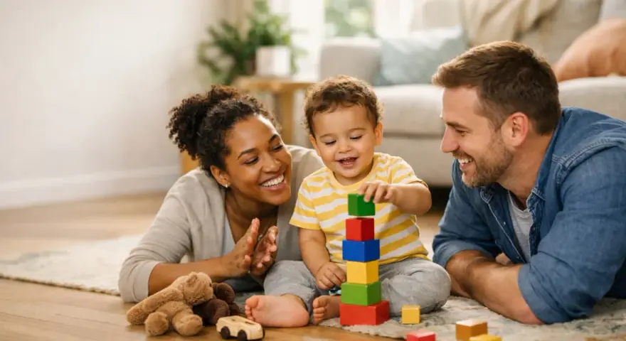 Glückliche Familie spielt mit Bauklötzen. Das Kind lernt spielerisch, wie man spricht, während Mama und Papa zuschauen.