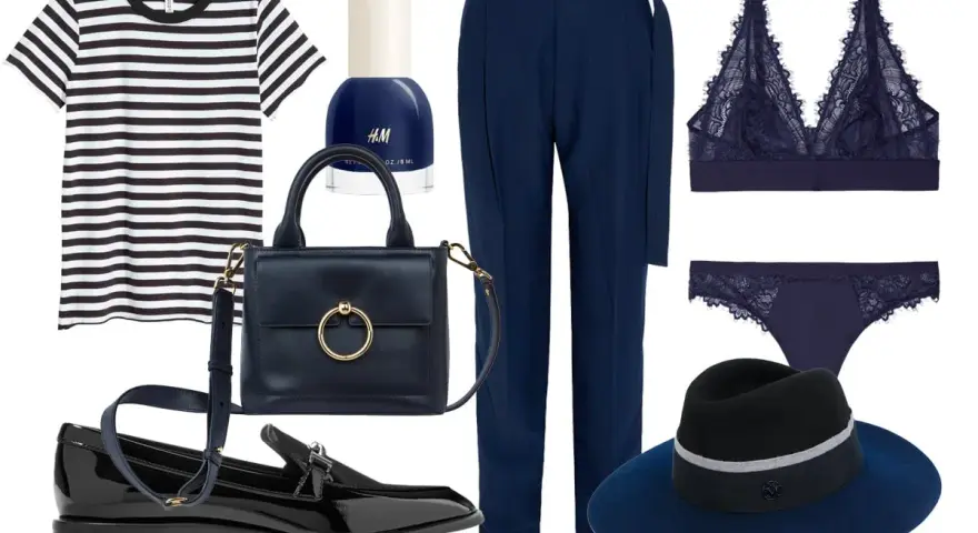 Conjunto elegante: camiseta a rayas, pantalón azul marino, lencería de encaje, bolso, zapatos y sombrero. El azul y negro combinan a la perfección.