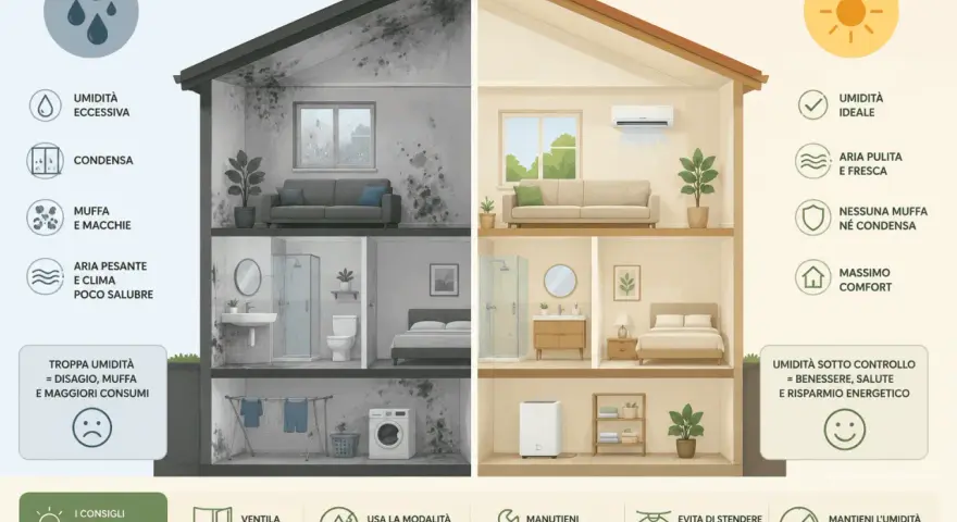 Casa con umidità eccessiva e muffa a sinistra, e un ambiente sano con deumidificatore a destra. Finestre aperte o chiuse non cambiano il risultato se l'umidità non è controllata.