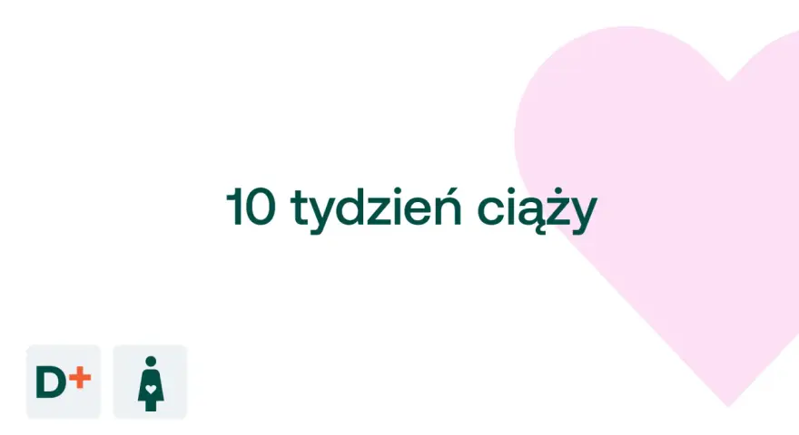 10 tydzień ciąży. Mały brzuszek, serce i ikony D+ oraz kobiety w ciąży.