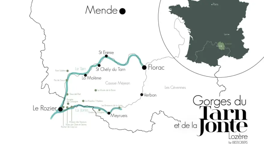 Carte des Gorges du Tarn et de la Jonte, montrant les villages, points d'intérêt et la région Lozère.