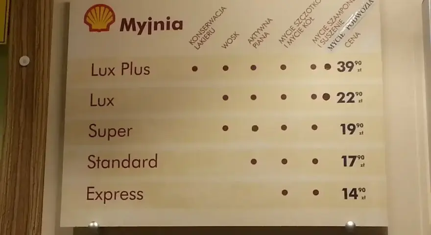 Cennik myjni Shell: Lux Plus (39,90 zł), Lux (22,90 zł), Super (19,90 zł), Standard (17,90 zł), Express (14,90 zł).