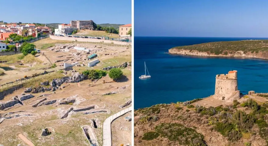 Sant'Antioco, la città più antica d'Italia, mostra le sue rovine archeologiche e la sua torre costiera affacciata sul mare blu.