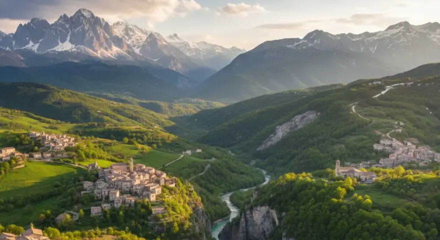 Borghi antichi aggrappati a colline verdi, un fiume azzurro scorre tra valli profonde, con il maestoso monte in Abruzzo che domina l'orizzonte innevato.