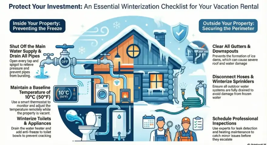 Checklist for how to winterize your home: Shut off water, drain pipes, maintain temperature, winterize toilets, clear gutters, disconnect hoses, and schedule inspections.