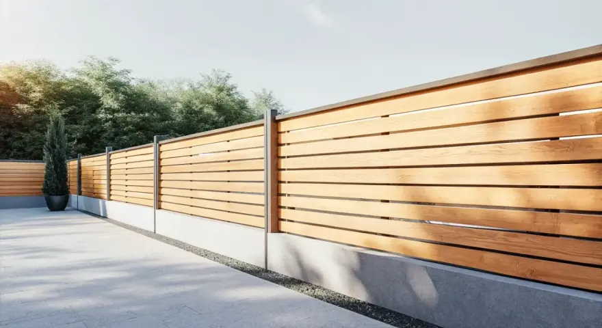 Ett snyggt plank i trä med moderna stolpar, som ramar in en stenlagd uteplats. Träden i bakgrunden ger en grönskande känsla.